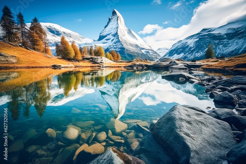 View to matterhorn from mountain lake in alps.