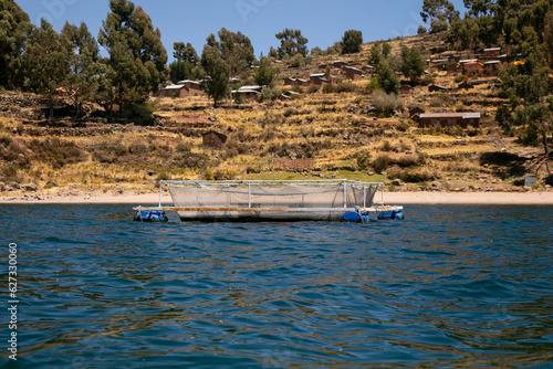 Trout fishing farm on Lake Titicaca in Peru.