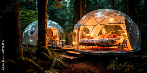 Campsite geodesic glamping bubble dome with leds in the forest 