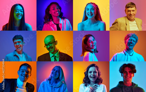 Collage made of portraits of different young people, men and women smiling against multicolored background in neon light. Concept of human emotions, lifestyle, facial expression. Ad