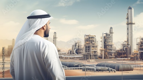 Arab man in keffiyeh against the background of an oil refinery with a joyful expression on his face