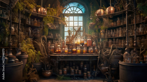 A witch's apothecary filled with shelves of magical ingredients and potions in dusty bottles. Generative AI