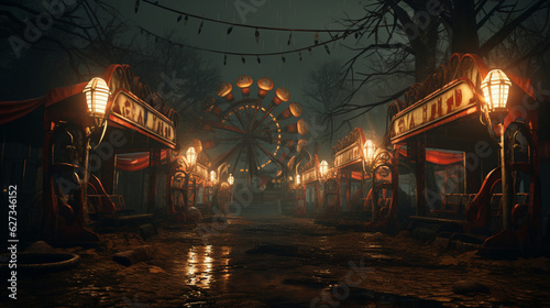A spooky abandoned carnival with rusted rides and eerie music drifting through the air. Generative AI
