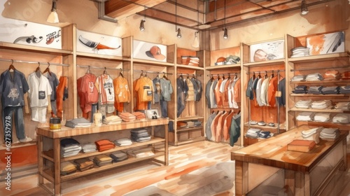 Sporting goods store with warm and inviting earthy tones. Generative AI.