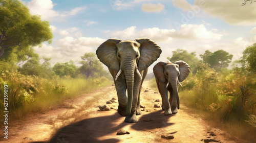 Elephants in the African savannah. Elephant mother with baby. 3D rendering. Generative AI.