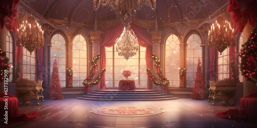 Christmas set of a fairytale ballroom in the king's castle background for theater stage scene
