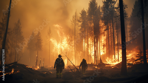 Firefighters are on duty to extinguish a forest fire that is spreading to the village in the community. generative AI