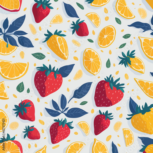 Lemon and strawberry Watercolor white background. Flat design fruit and fruit pattern