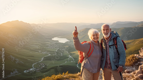 Two happy active seniors having fun at the top of the mountain. Couple of mature people enjoying and having fun in vacations. Traveling lifestyle