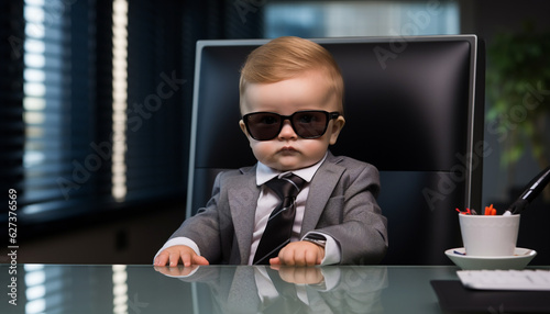 baby boss in business suit in office, made with Generative AI