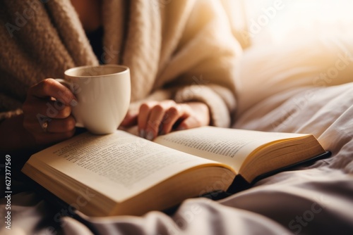 Close up unrecognizable girl woman reading book in cozy bed bedroom with warm coffee cup tea cocoa mug relaxation comfort read novel hobby relaxing in morning sunny room learning studying at home