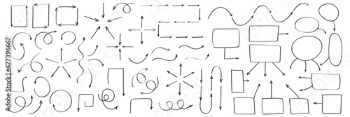 Set of vector hand drawn arrows and flowchart elements. Collection of pointers and frames.