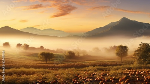 rural field and orchard in autumn at sunrise. mountainous countryside with fog in distant wally Generative AI