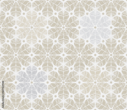 Vector seamless geometrical pattern. Silver grey and beige flowers, snowflakes, stars from feathers on a light background