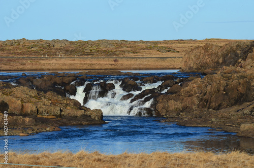 Scenic Waterfall In a River in Iceland