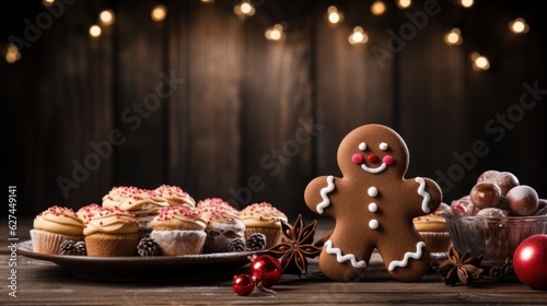 christmas gingerbread cookies and christmas decorations. Gingerbread man, christmas balls, cupcakes, sweets on a wooden table with copy space. postcard. 