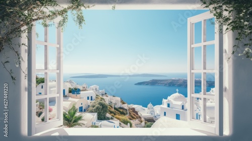 view from the window to the sea. View of the hillside through the open window to the sea and the white village. Santorini Greece. White architecture of Oia village