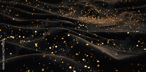 Black wavy textile with golden glitters pattern. Abstract luxury background.
