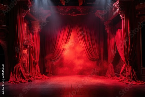 a stage with a red curtain and a stage light