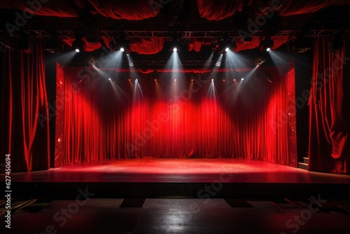 an empty stage with red curtains and spotlights