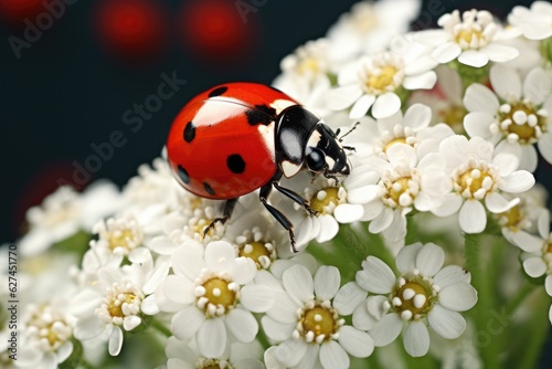 ladybug on white flower isolated on black background macro close up, A beautiful ladybug sitting on a white flower, AI Generated