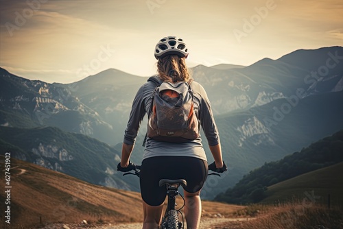Rear view of a woman riding a mountain bike in the mountains. A female cyclist riding a cycle on the mountain, rear view, no visible faces, natural background, AI Generated