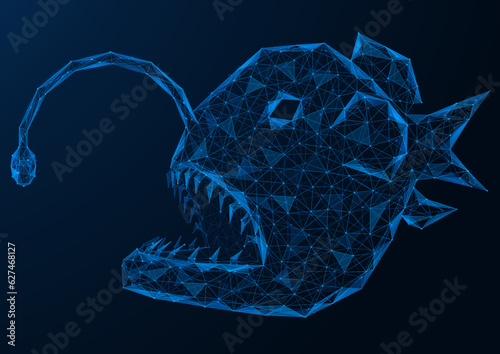 Angler fish. Low-poly design of interconnected lines and dots. Blue background.
