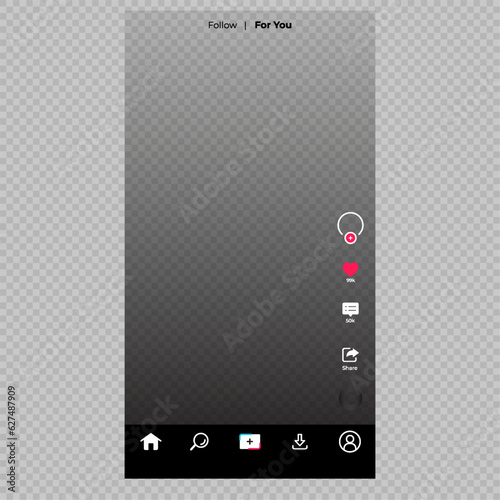 TikTok interface with transparent background - Tiktok. Tik tok mobile App interface template on Apple iPhone mockup. Mockup page template. Editorial vector illustration