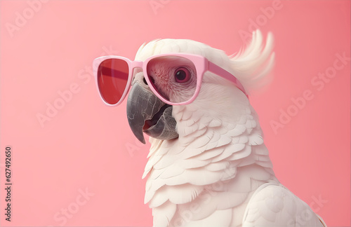 Closeup of white cockatoo parrot wearing sunglasses. Domestic pet bird, animal. Solid pink pastel background. Tropical summer vacation concept, web banner. Funny birthday party card, invitation. 