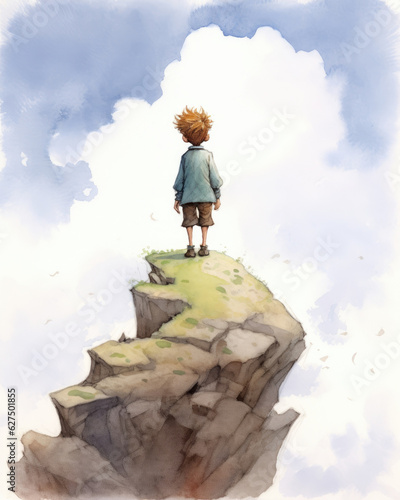 Perched on top of a small boulder the little prince surveys the horizon expecting a grand adventure to come