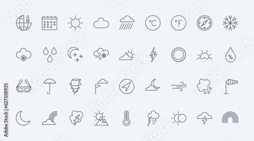 Weather thin line icons set vector illustration. Outline meteorology forecast info symbols, rain and wind, sun with cloud and lightning, cold and hot temperature on thermometer and air humidity