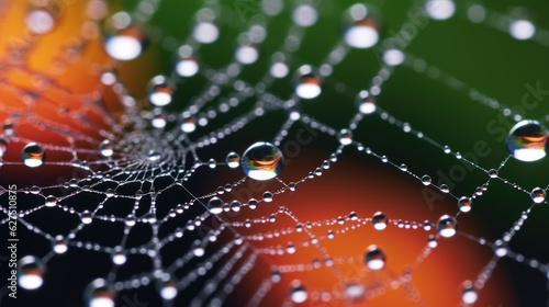 Closeup of spider web with dew drops, adorned with glistening dewdrops, capturing reflections amidst a vibrant backdrop, glistens with captured raindrops, weaving a delicate pattern