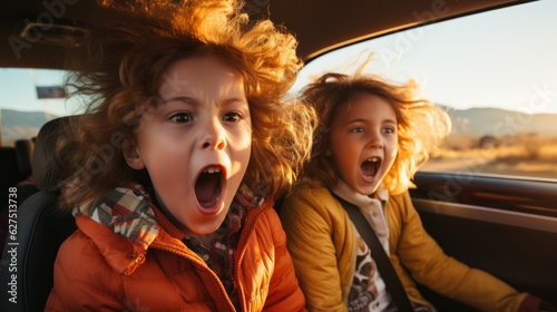 Kids with scared expressions riding in a car. Generative AI. 
