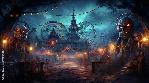 Ghostly Figures Haunting the Mysterious Halloween Carnival: Eerie Laughter and Ominous Cloudy Moonlight