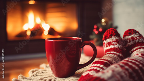 A cup of tee on front of fireplace. Christmas, warm concept. generated ai.