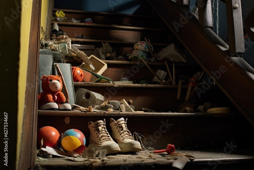 A zoomed-in view of a man's foot and the toys that are abandoned on the stairs.