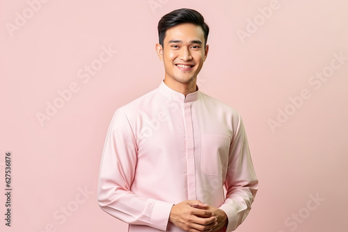 malay man wearing baju melayu isolated on pink background