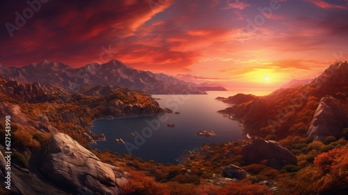Sunset over cover, sunset over bay, a serene bay surrounded by rugged mountains, with the sun setting, casting a fiery hue over the scene.
