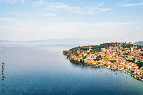 View of Samuel's Fortress and Plaosnik at Ohrid lake in North Macedonia