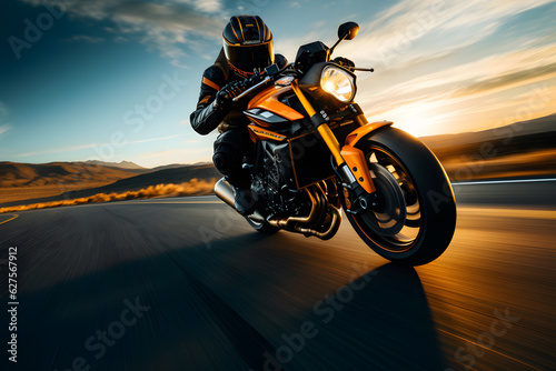 A motorcycle biker rider speeding on a road