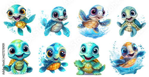 set of funny cartoon sea turtles, isolated background png, sea turtle watercolor, generated ai