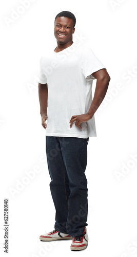 Portrait, black man and confidence in fashion, streetwear and style on isolated, transparent or png background. Happy, person and pride in style with hands on hips in cool jeans and clothing for men