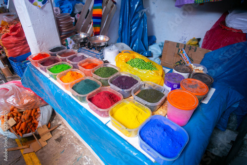 Natural dyes in the central market of the city of Cusco in Peru.