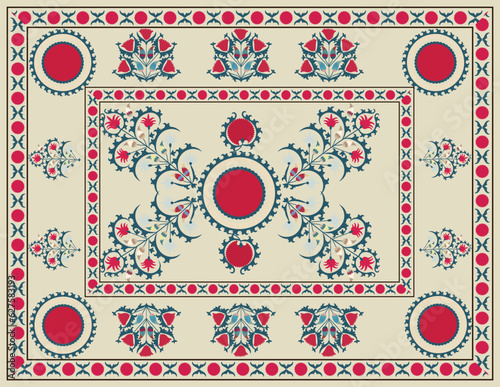 Suzani - home interior element in the countries in the Central Asian region. Gorgeous shapes of flowers and plants decorate this carpet. Uzbekistan culture. 