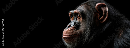 The head of a chimpanzee monkey in profile close-up. Panoramic image on the right, of the head of a wild animal on the background of a black isolated banner. Generative AI.