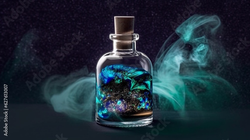 Cinematic Cosmic Capture Smoking in a Jar against a Dark Background with Deep Blue Hues, Delivering High-Quality Visuals of the Celestial Ocean.