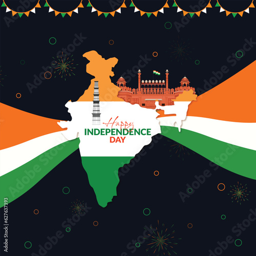Indian happy independence day flag blue firework background social media post or banner and poster design with red fort architecuture and map vector file