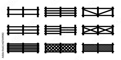 Set black silhouette wooden fence horizontal, diagonal isolated. Vector