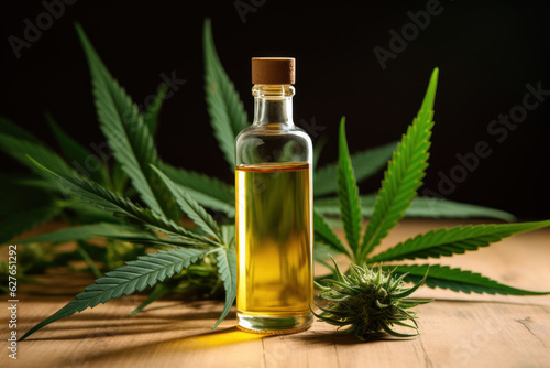 White bottle isolated in front of marijuana with oil. AI generated