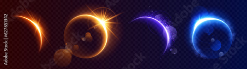 Moon eclipse light flare horizon space background. Abstract sunrise ring sparkle on earth planet design set. Gold, blue and purple crescent orbit edge glow with magic realistic cloud smoke shine.